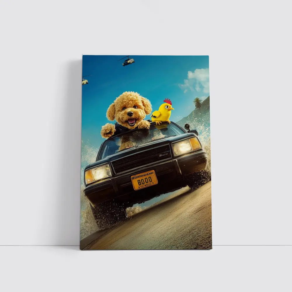 Poodle Dog Driving Car Helicopter Chase – Wall Art