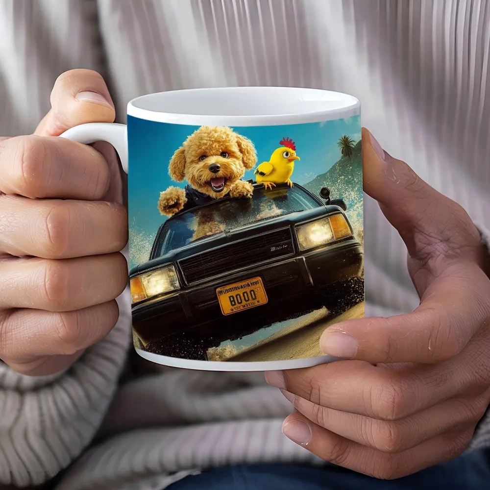 Poodle Dog Driving Car Helicopter Chase – Mugs
