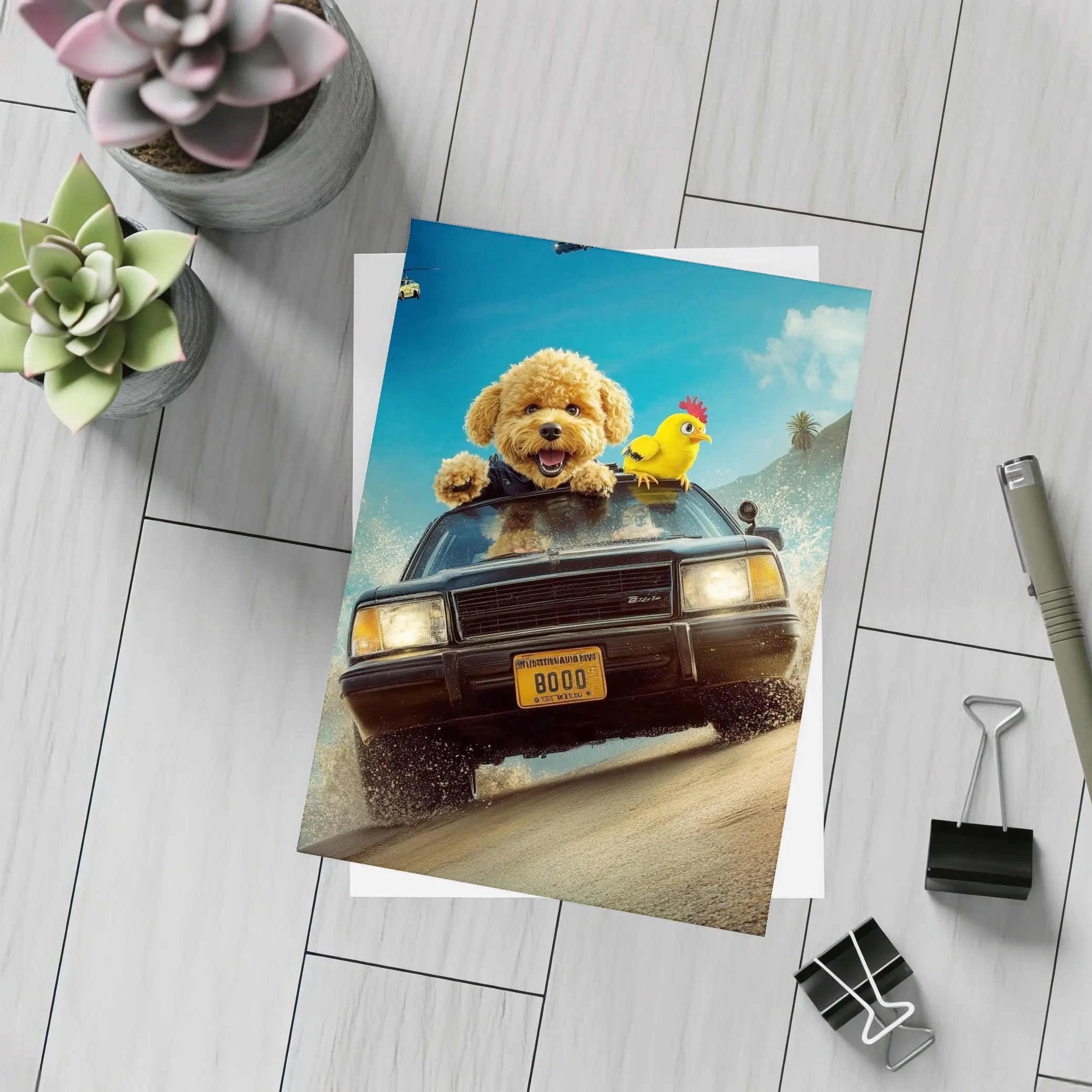 Poodle Dog Driving Car Helicopter Chase – Postcards