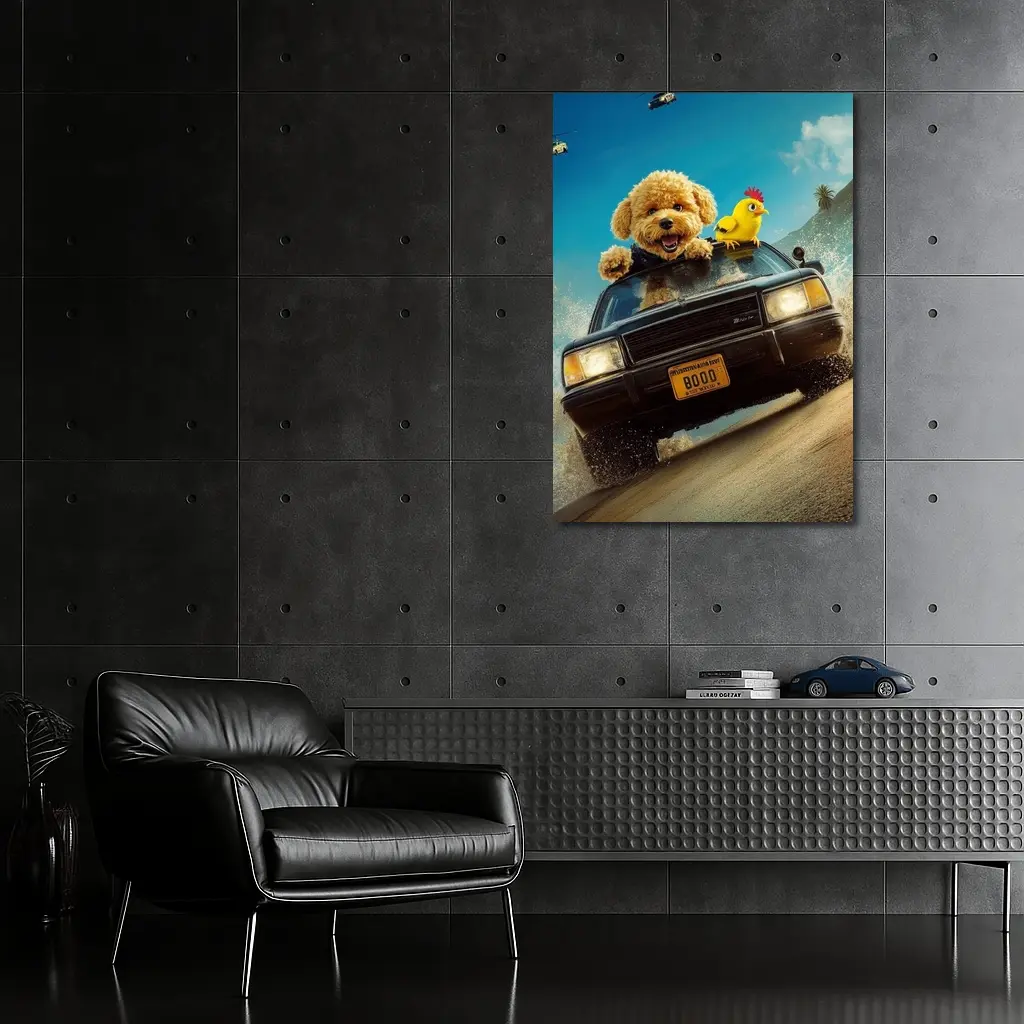 Poodle Dog Driving Car Helicopter Chase – Wall Art