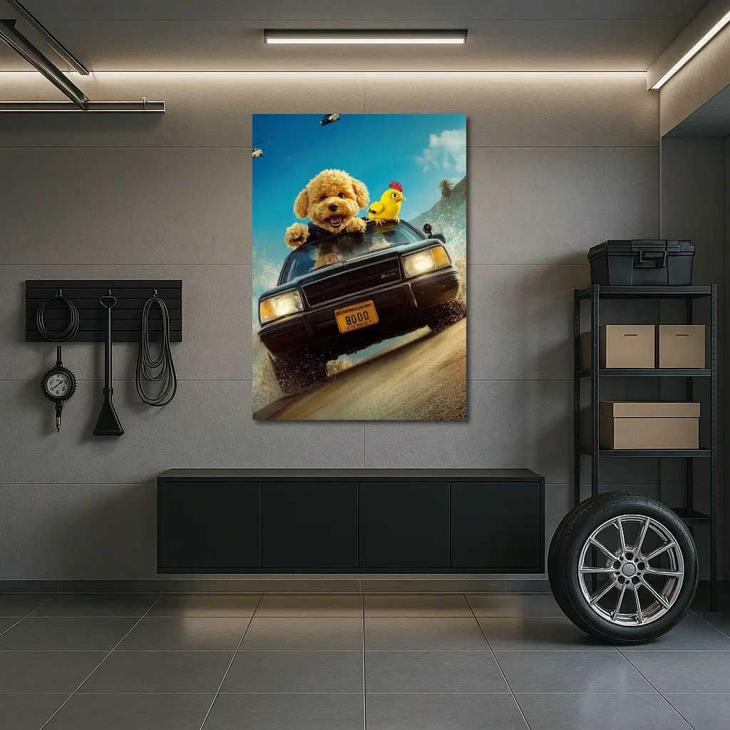 Poodle Dog Driving Car Helicopter Chase – Wall Art