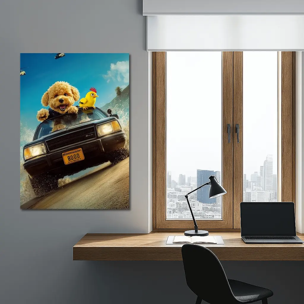 Poodle Dog Driving Car Helicopter Chase – Wall Art