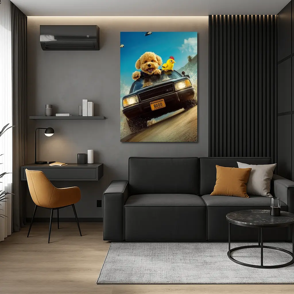 Poodle Dog Driving Car Helicopter Chase – Wall Art