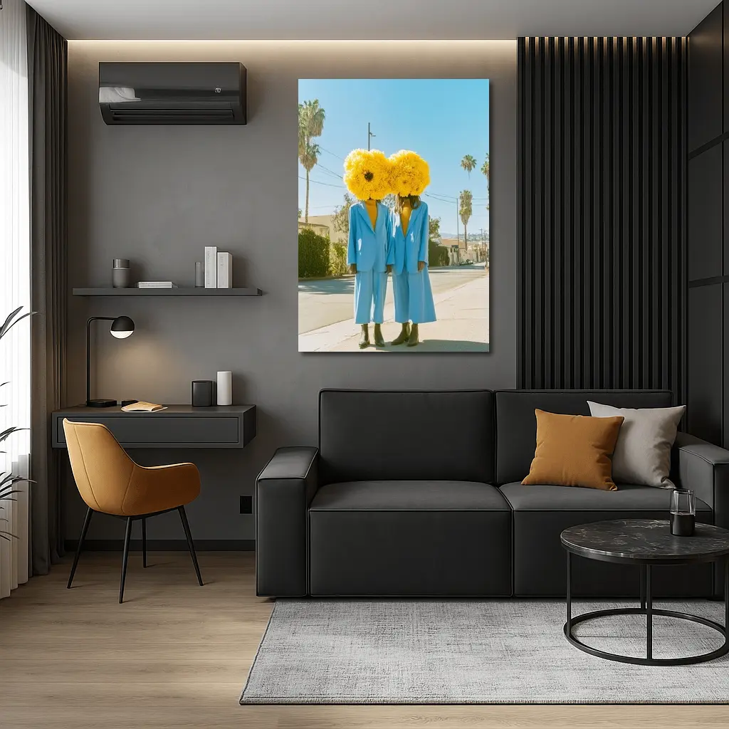 Two Women Yellow Flowers Blue Suits Street – Wall Art