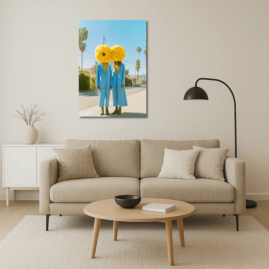 Two Women Yellow Flowers Blue Suits Street – Wall Art