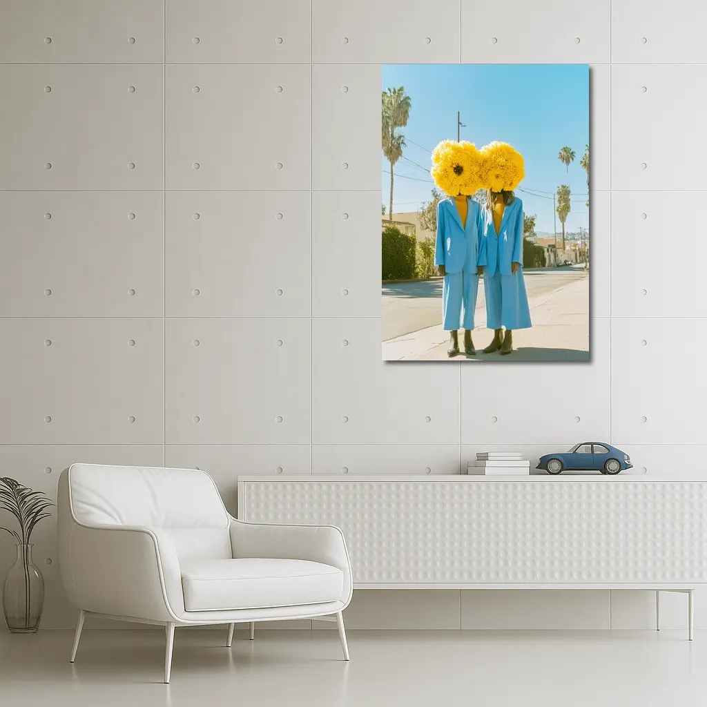 Two Women Yellow Flowers Blue Suits Street – Wall Art
