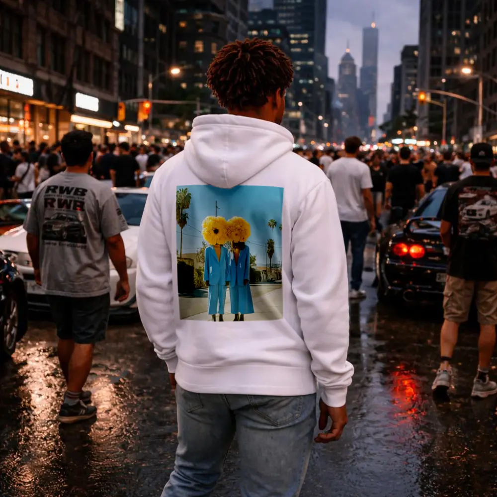 Two Women Yellow Flowers Blue Suits Street – Hoodies