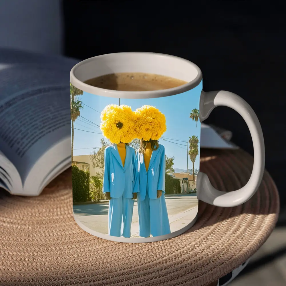 Two Women Yellow Flowers Blue Suits Street – Mugs