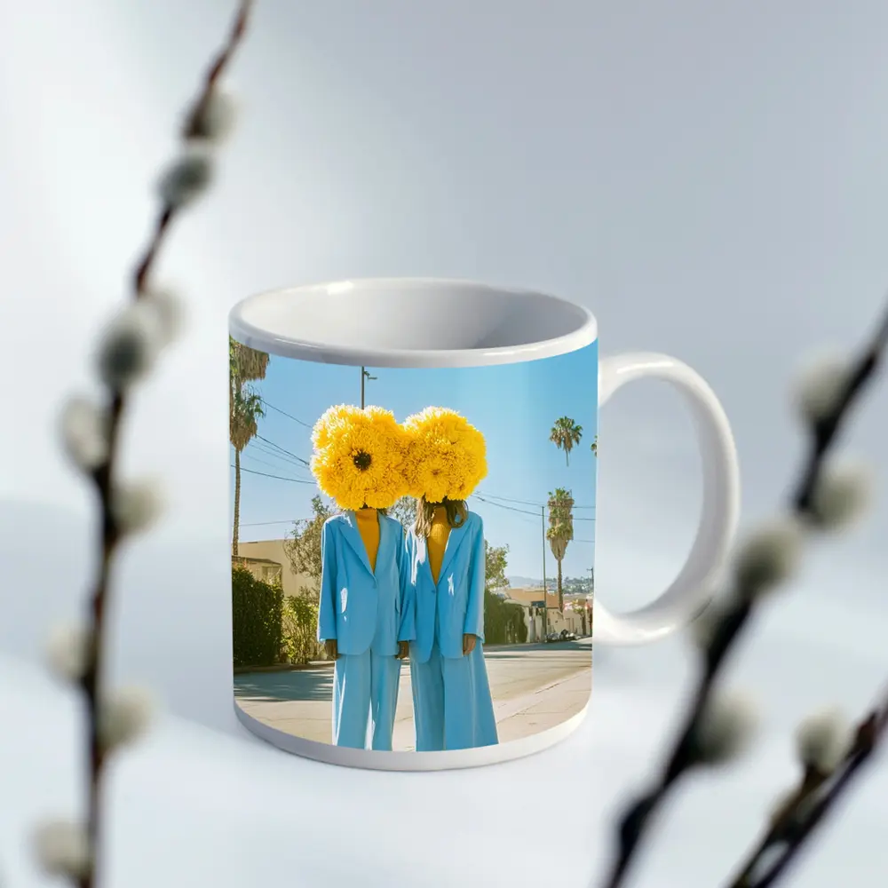 Two Women Yellow Flowers Blue Suits Street – Mugs