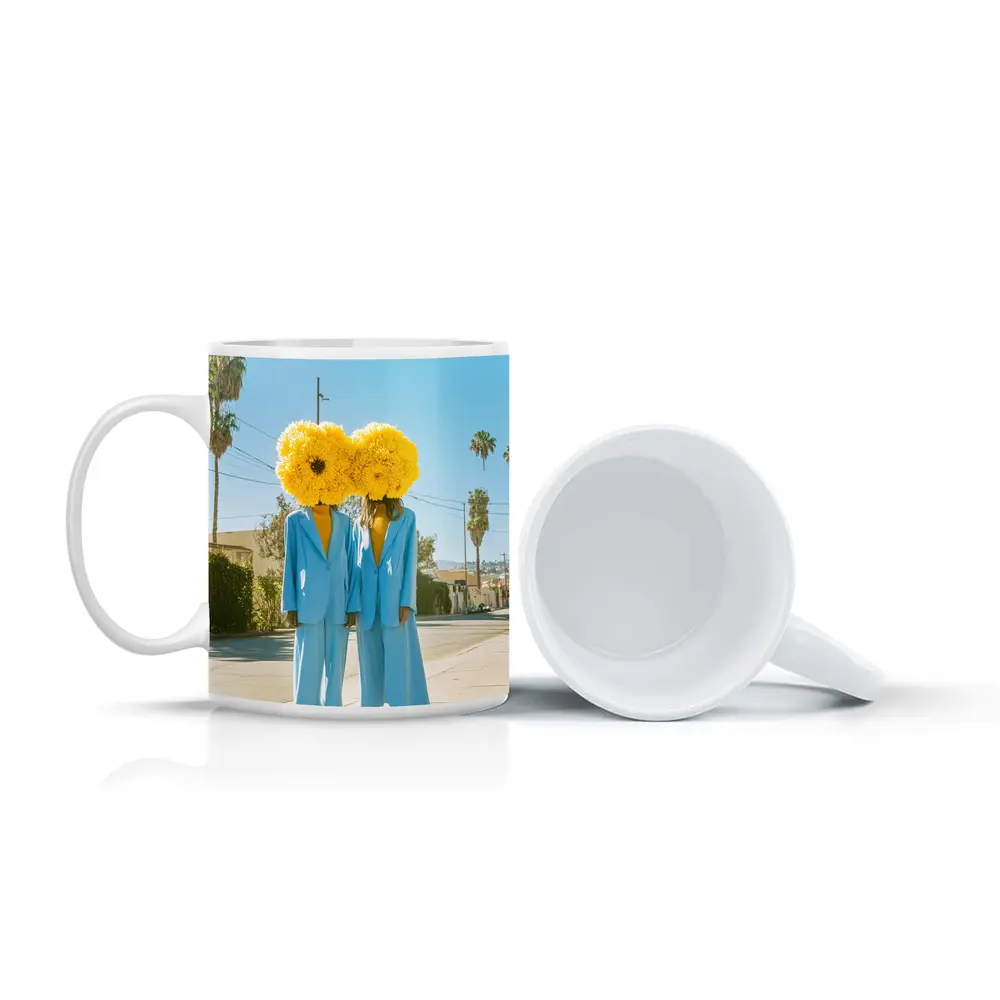 Two Women Yellow Flowers Blue Suits Street – Mugs