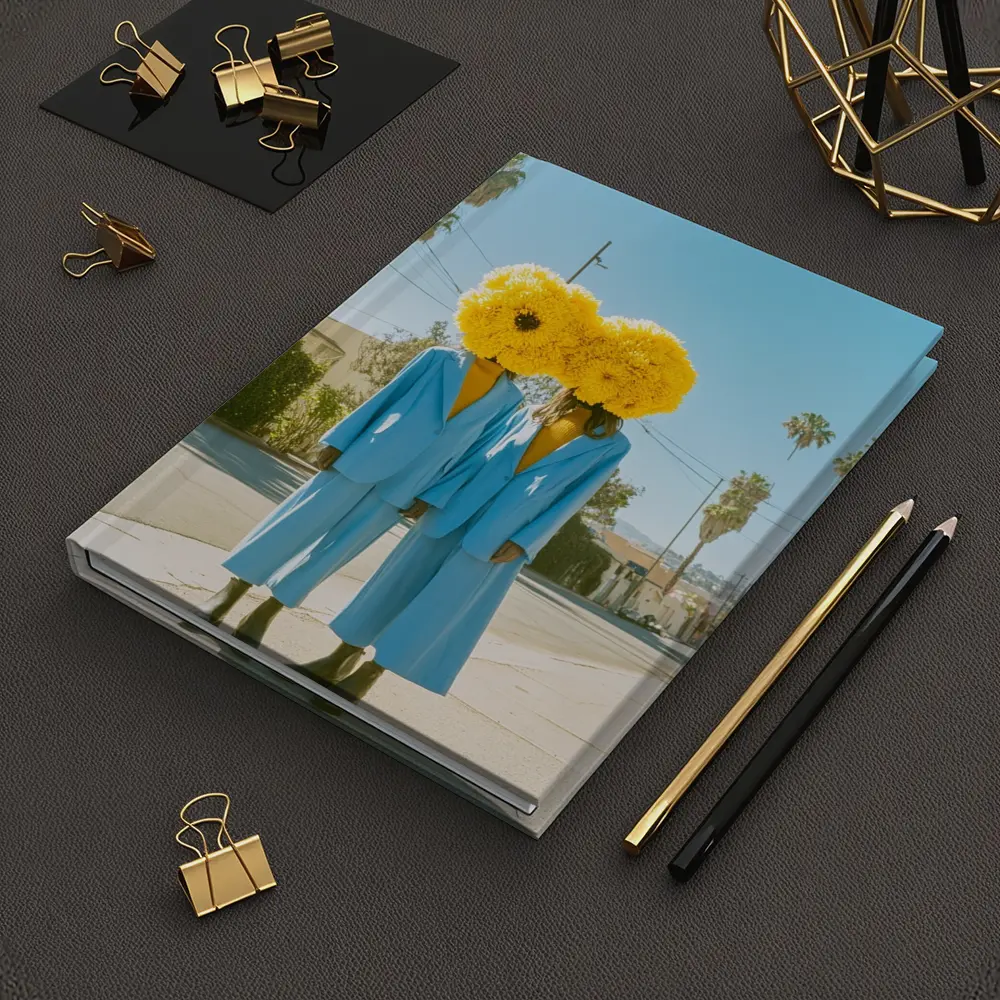 Two Women Yellow Flowers Blue Suits Street – Notebooks