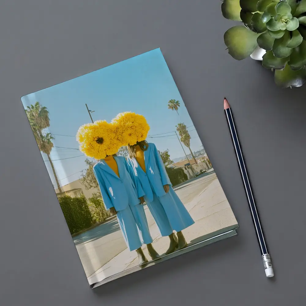 Two Women Yellow Flowers Blue Suits Street – Notebooks