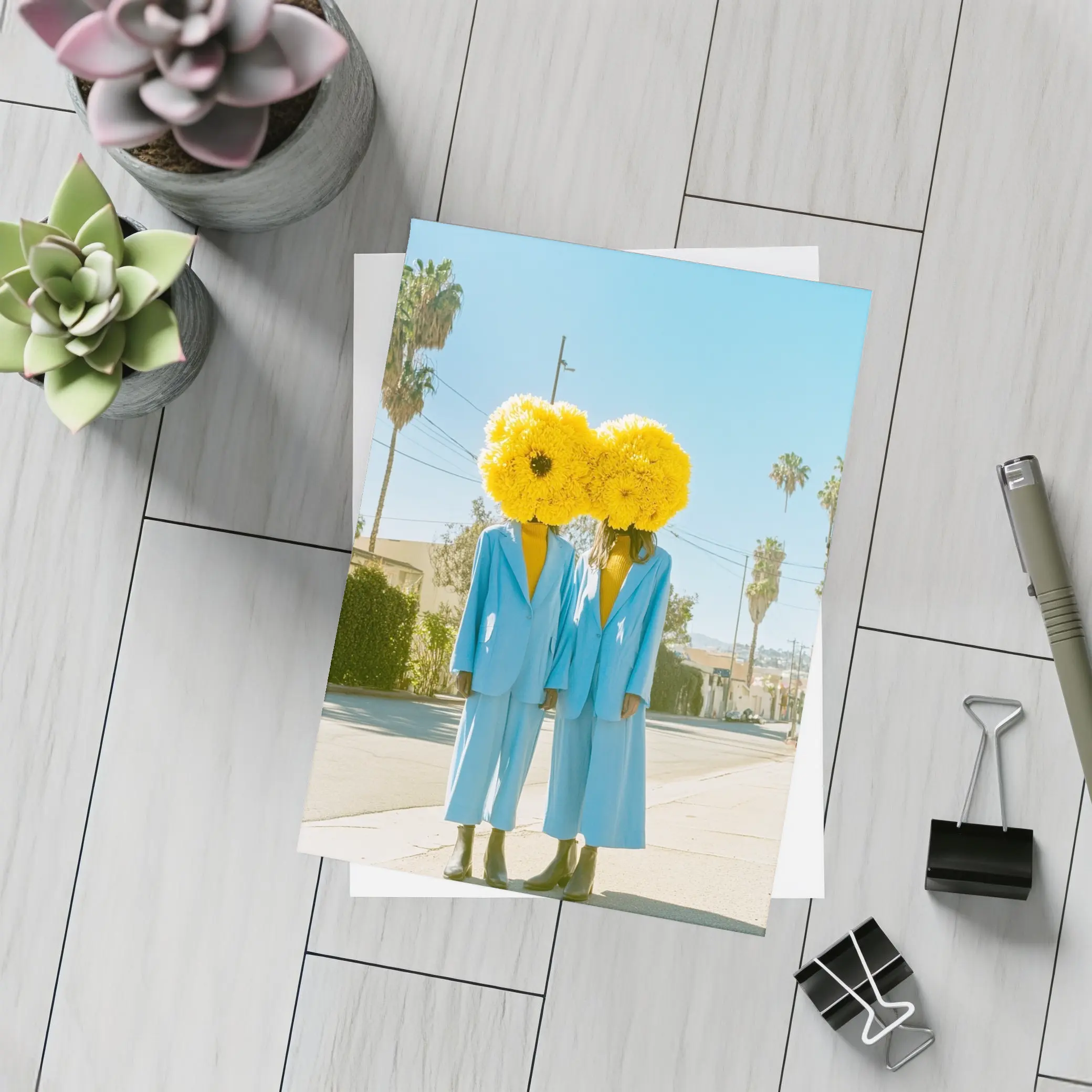 Two Women Yellow Flowers Blue Suits Street – Postcards