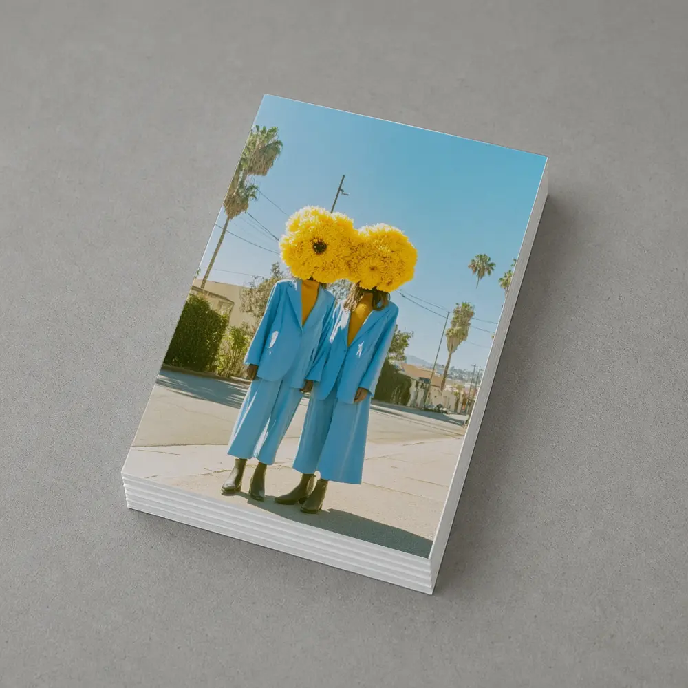 Two Women Yellow Flowers Blue Suits Street – Postcards