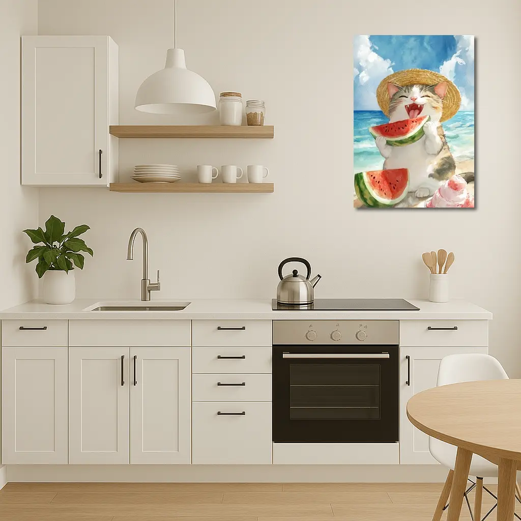 Happy Cat Eating Watermelon Beach Watercolor – Wall Art