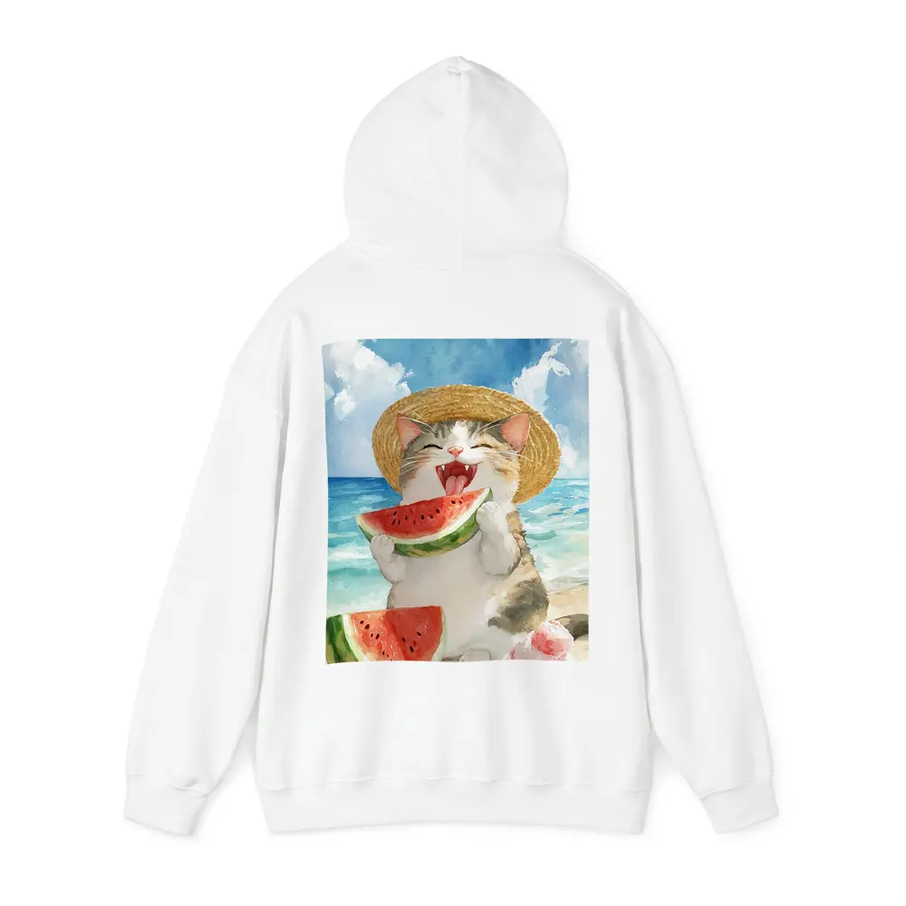 Happy Cat Eating Watermelon Beach Watercolor – Hoodies