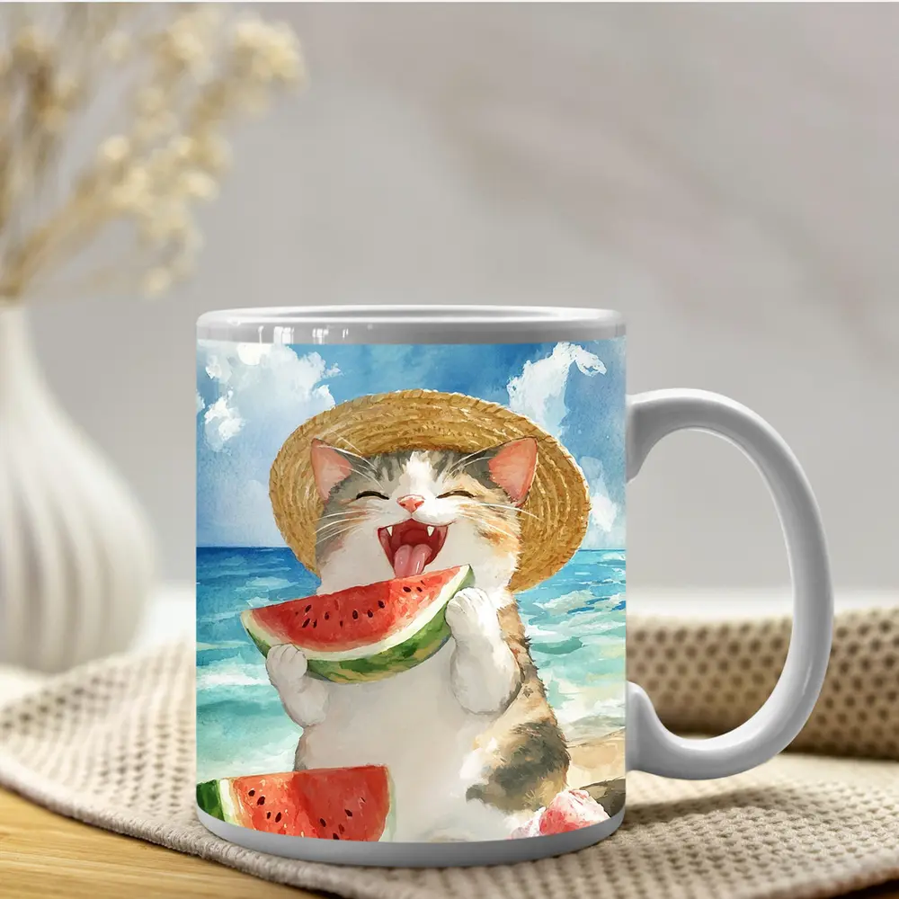 Happy Cat Eating Watermelon Beach Watercolor – Mugs