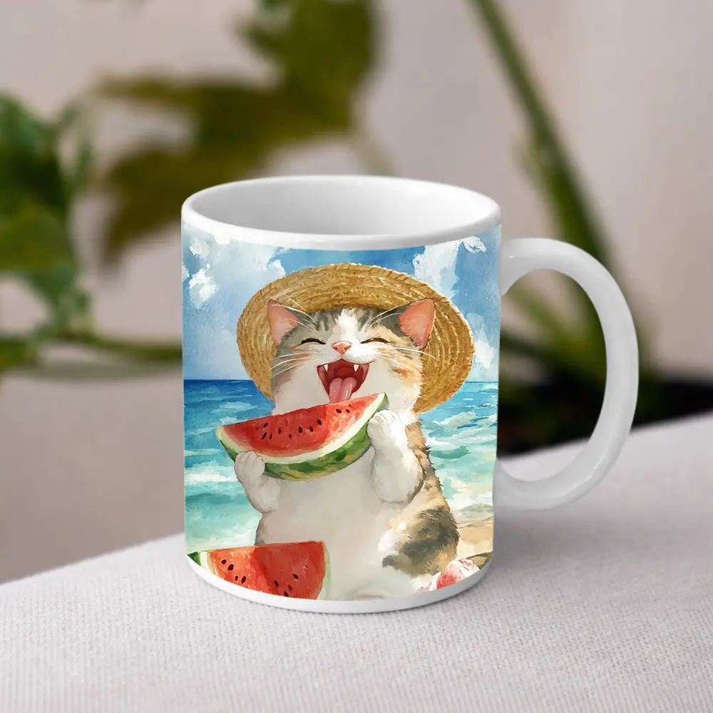 Happy Cat Eating Watermelon Beach Watercolor – Mugs