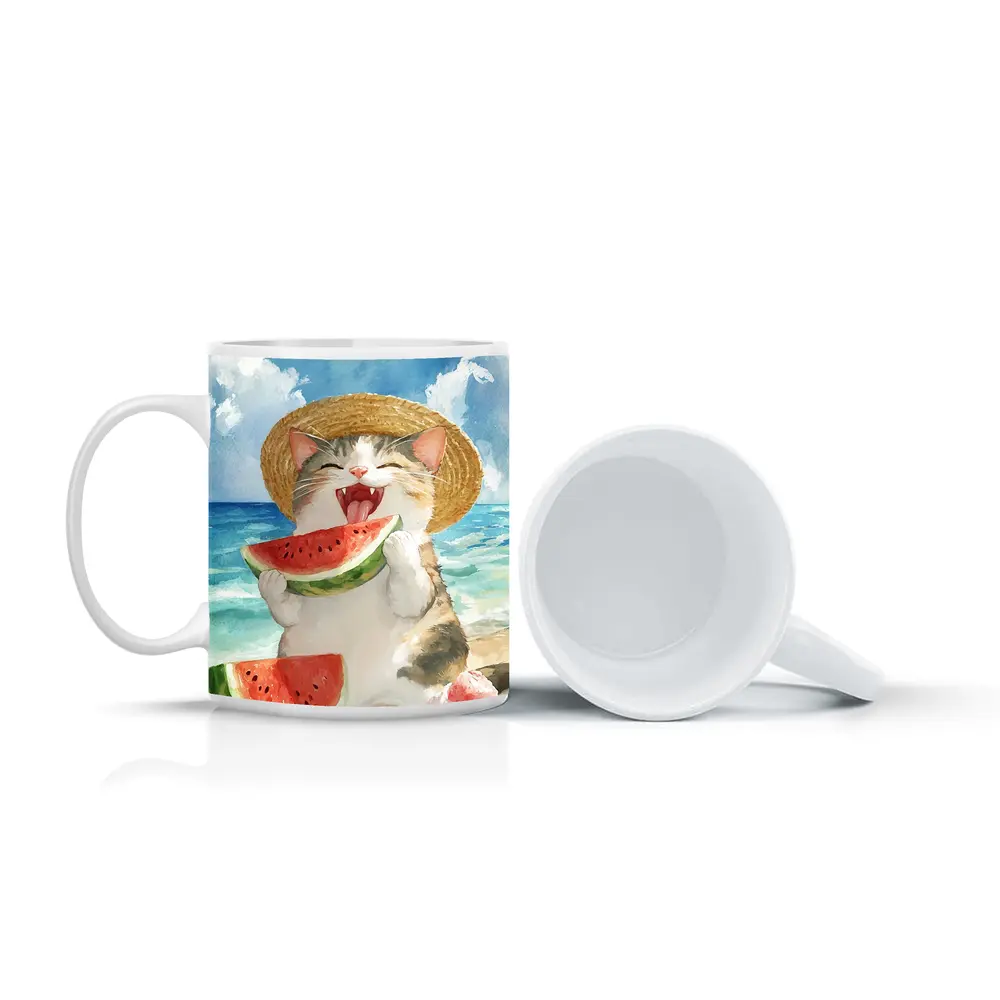 Happy Cat Eating Watermelon Beach Watercolor – Mugs