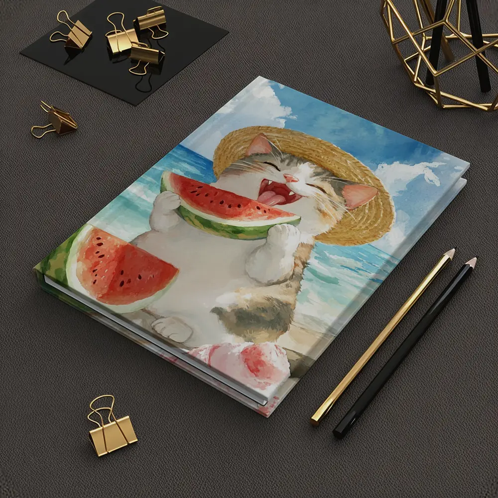 Happy Cat Eating Watermelon Beach Watercolor – Notebooks