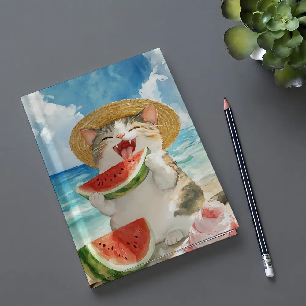Happy Cat Eating Watermelon Beach Watercolor – Notebooks