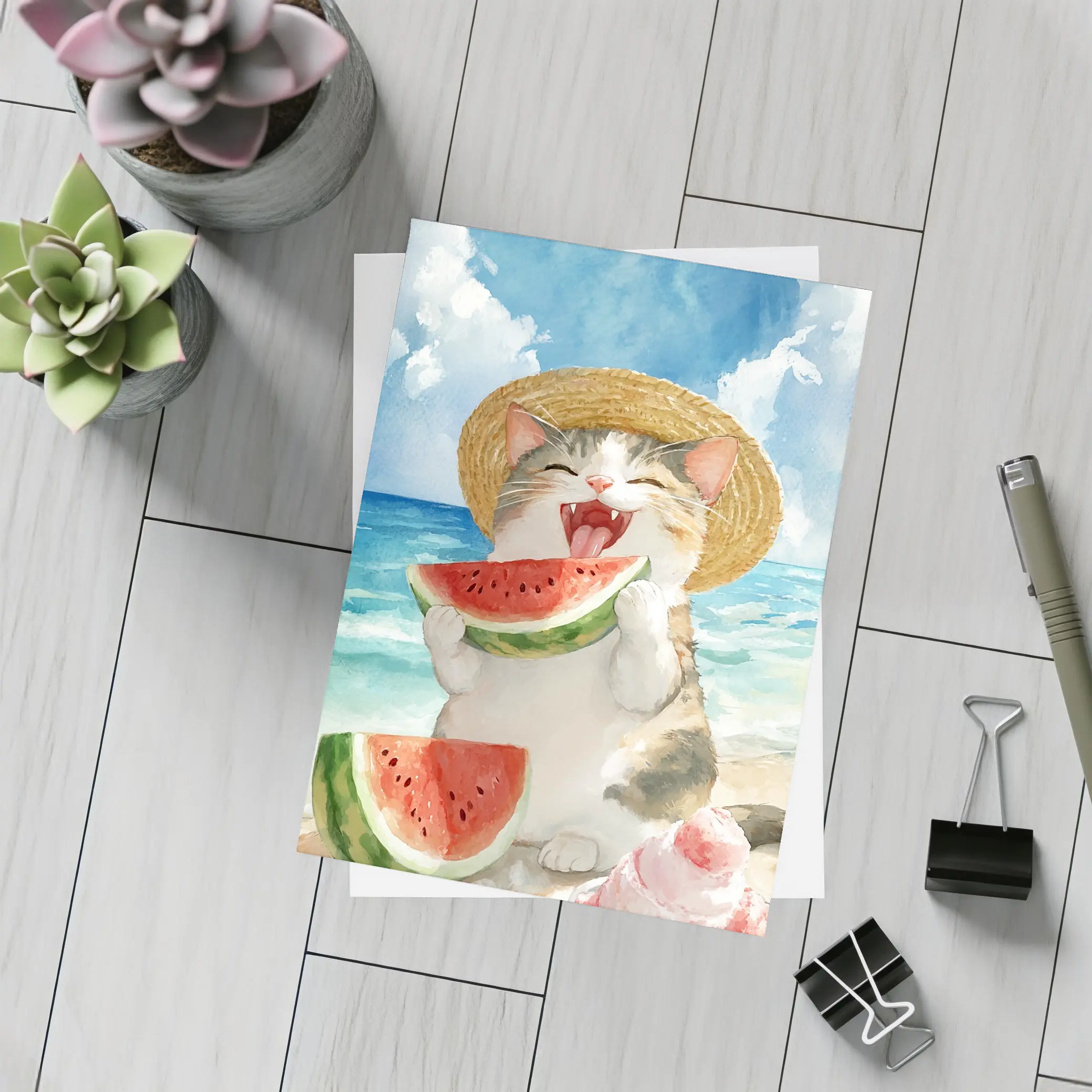 Happy Cat Eating Watermelon Beach Watercolor – Postcards