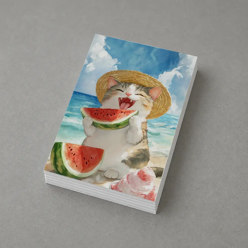Happy Cat Eating Watermelon Beach Watercolor – Postcards