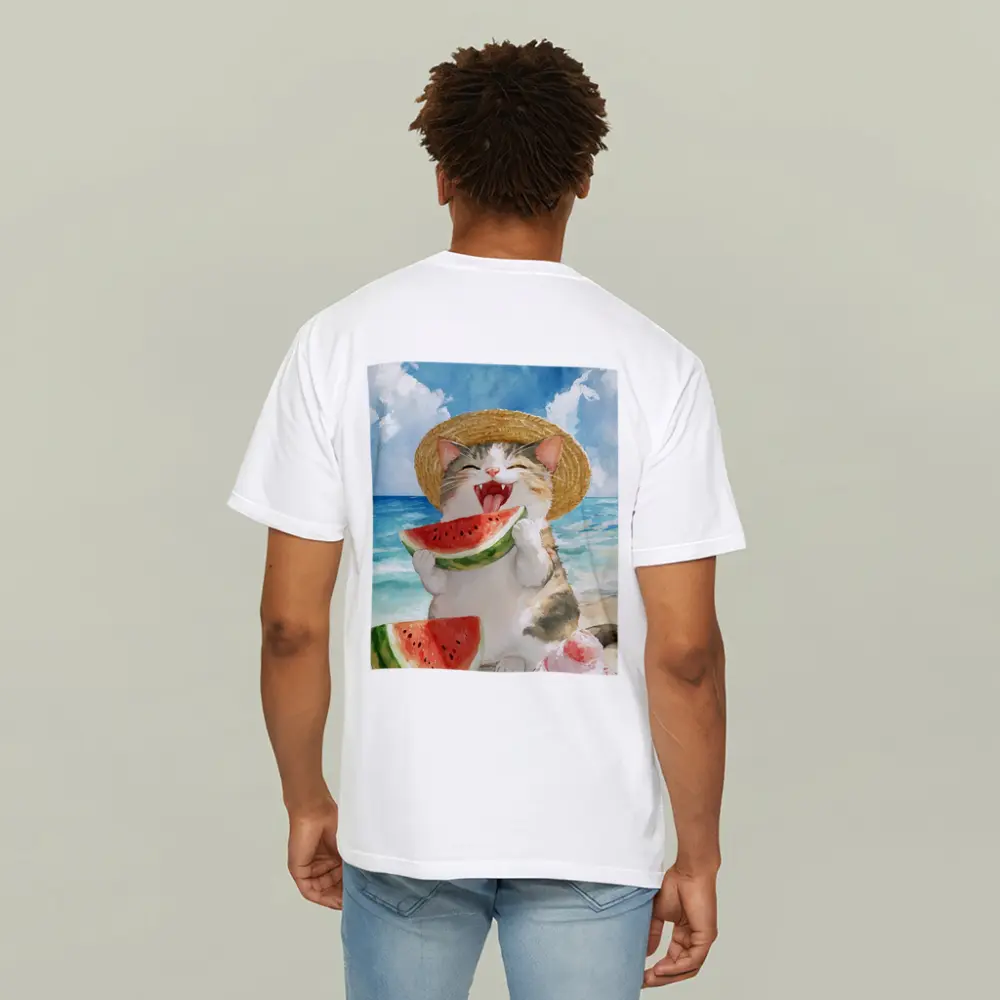 Happy Cat Eating Watermelon Beach Watercolor – T-Shirts