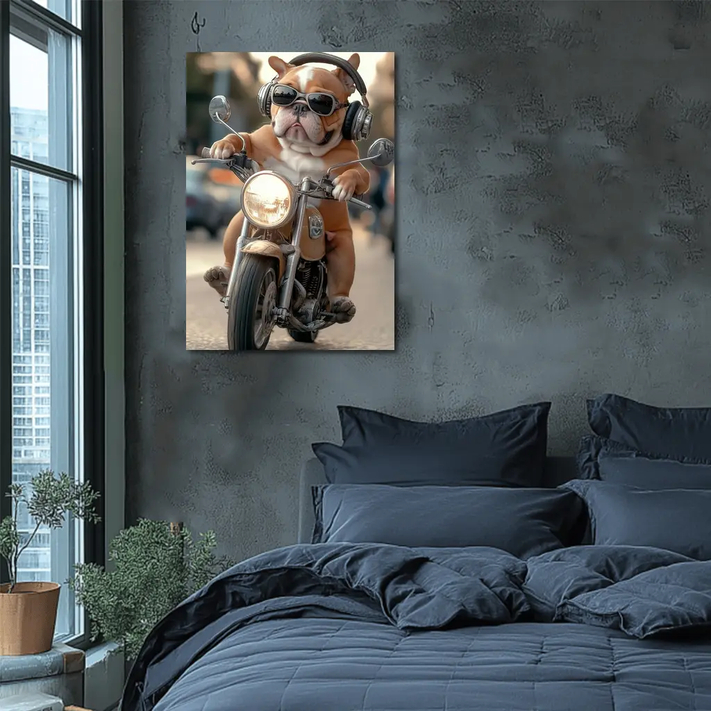 Bulldog Riding Motorcycle With Sunglasses Street – Wall Art