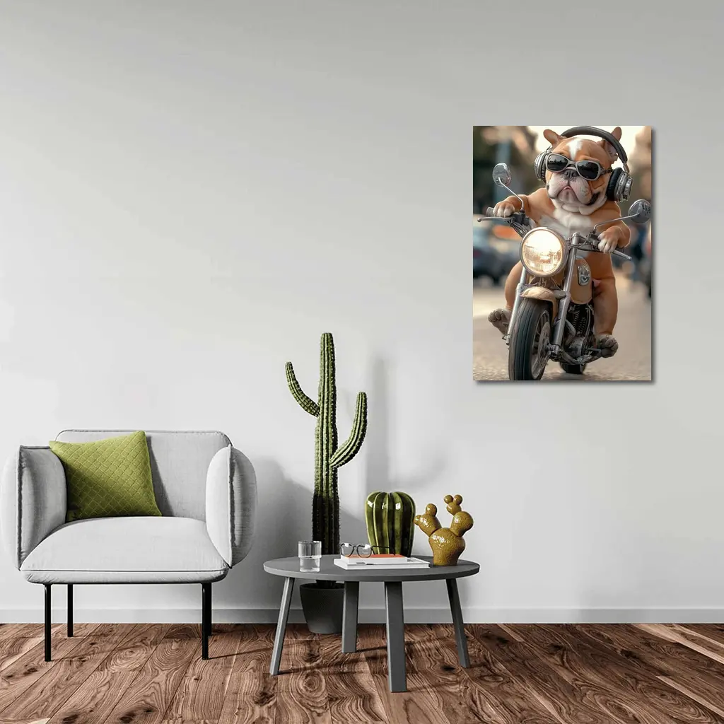 Bulldog Riding Motorcycle With Sunglasses Street – Wall Art