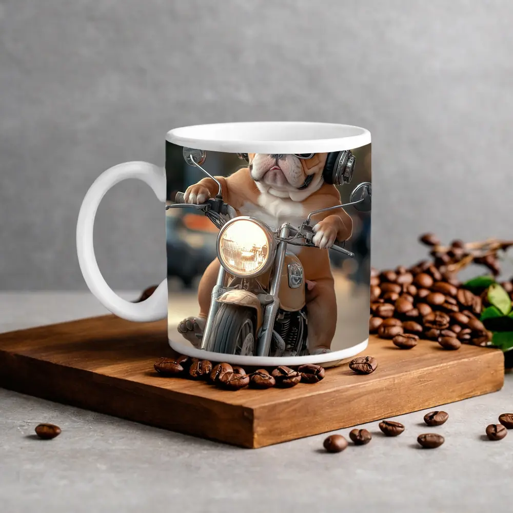 Bulldog Riding Motorcycle With Sunglasses Street – Mugs