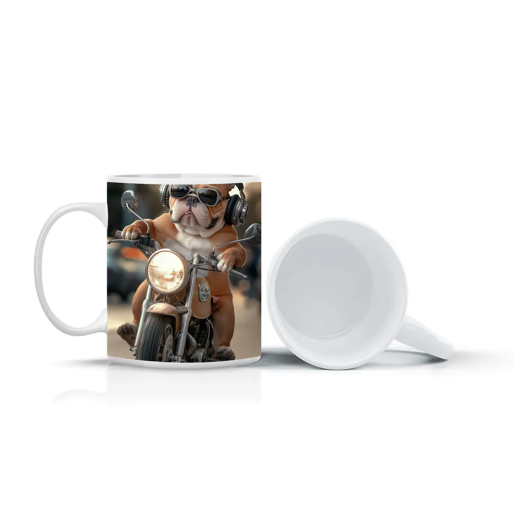 Bulldog Riding Motorcycle With Sunglasses Street – Mugs