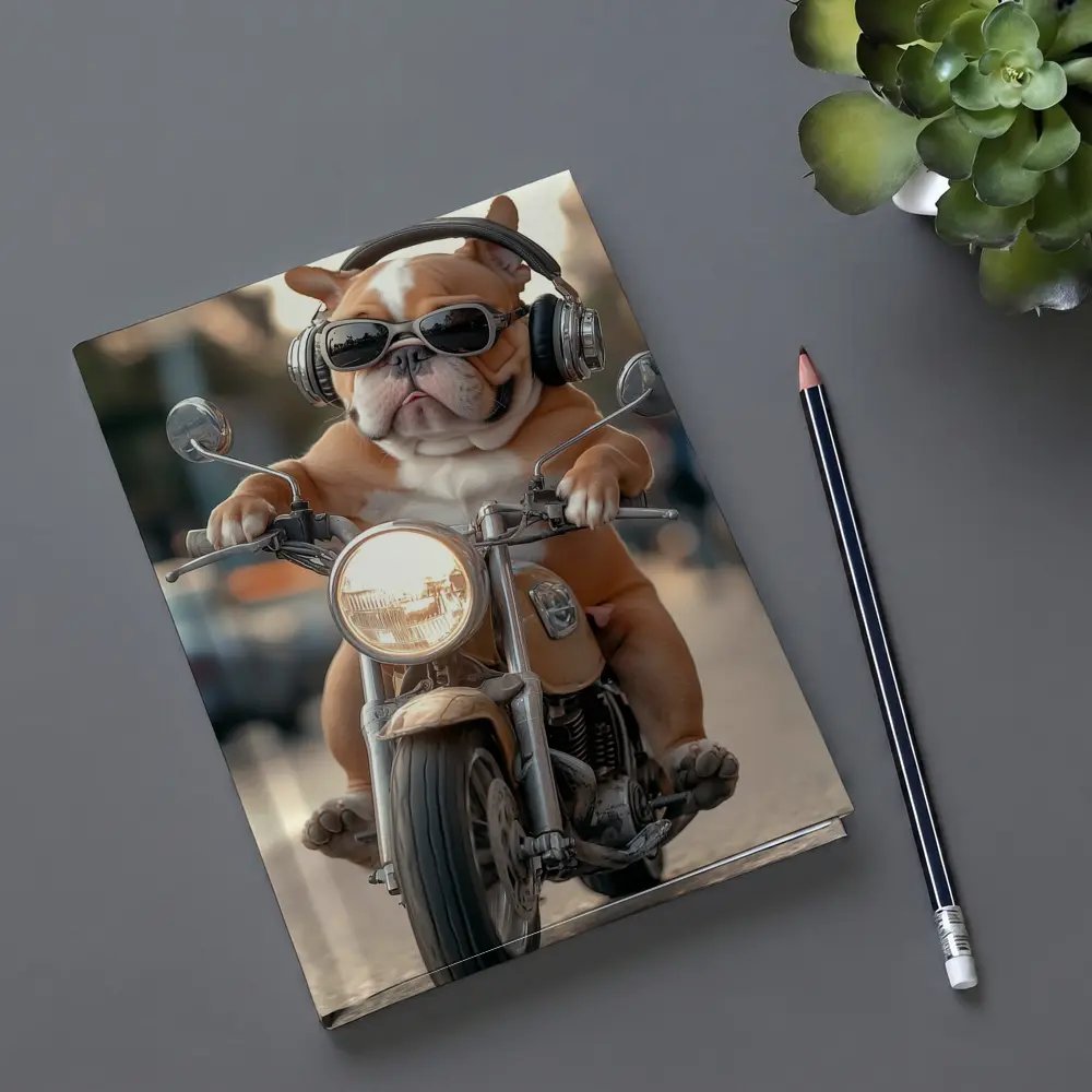 Bulldog Riding Motorcycle With Sunglasses Street – Notebooks