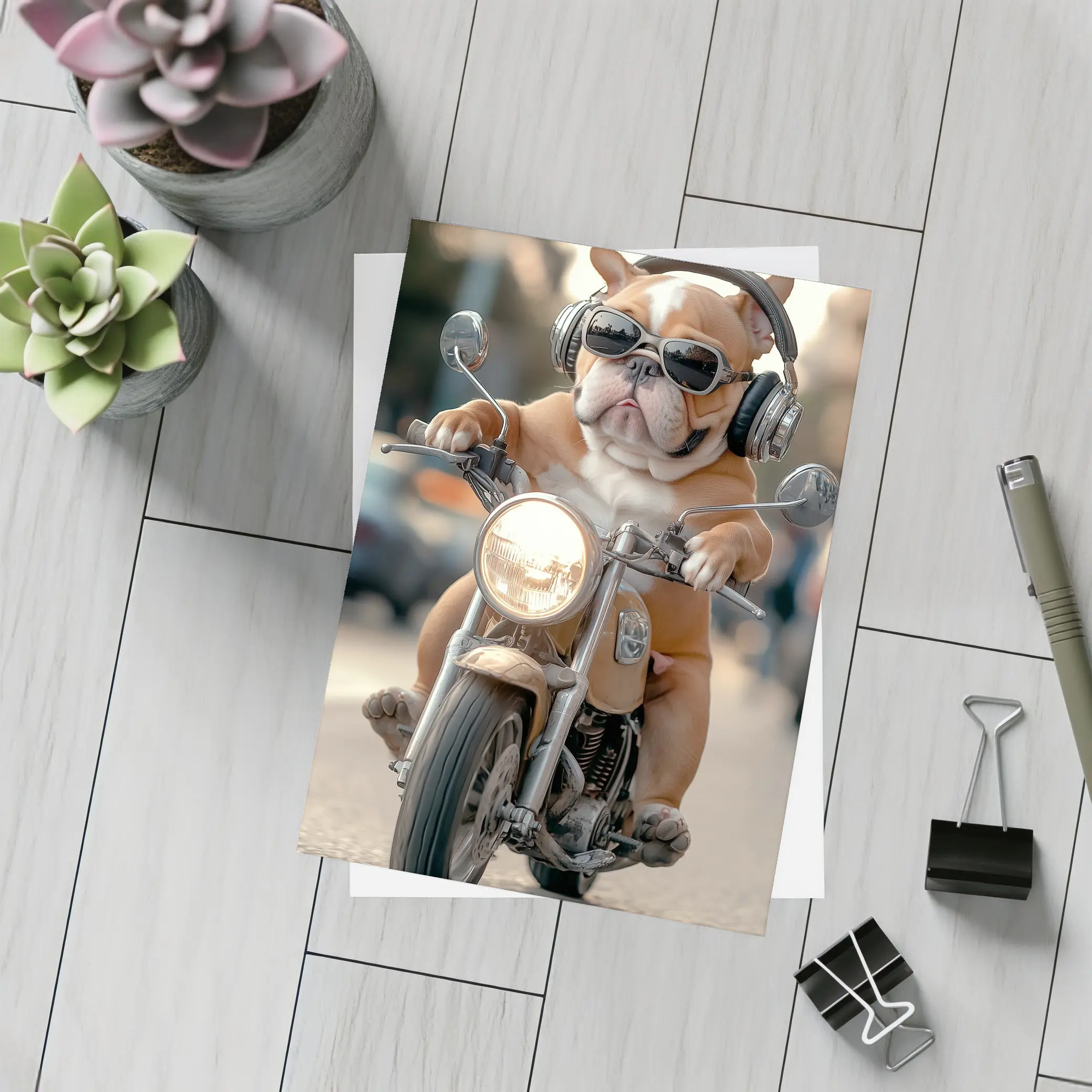 Bulldog Riding Motorcycle With Sunglasses Street – Postcards