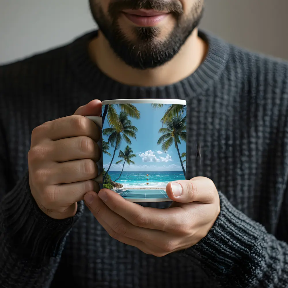 Tennis Court Beach Palm Trees Ocean – Mugs