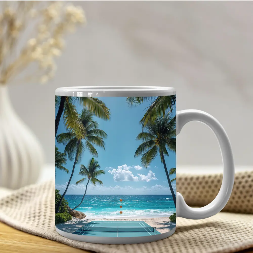 Tennis Court Beach Palm Trees Ocean – Mugs