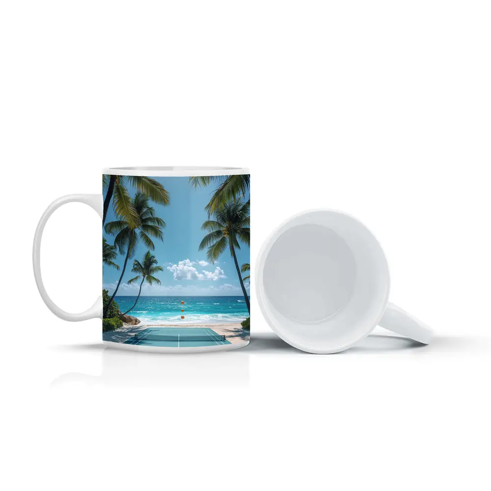 Tennis Court Beach Palm Trees Ocean – Mugs
