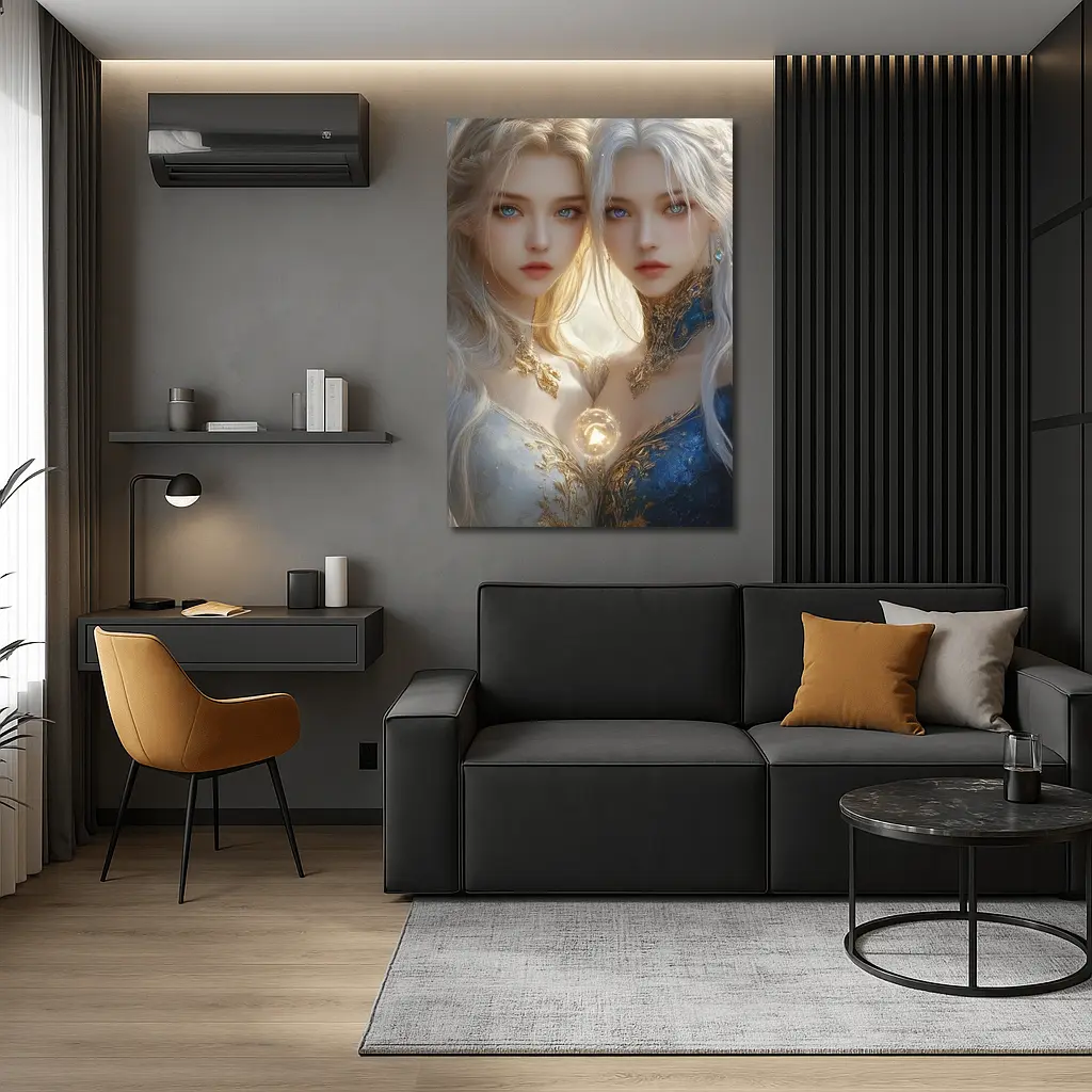 Twin Fantasy Girls Gold Blue Ethereal Art – Wall Art