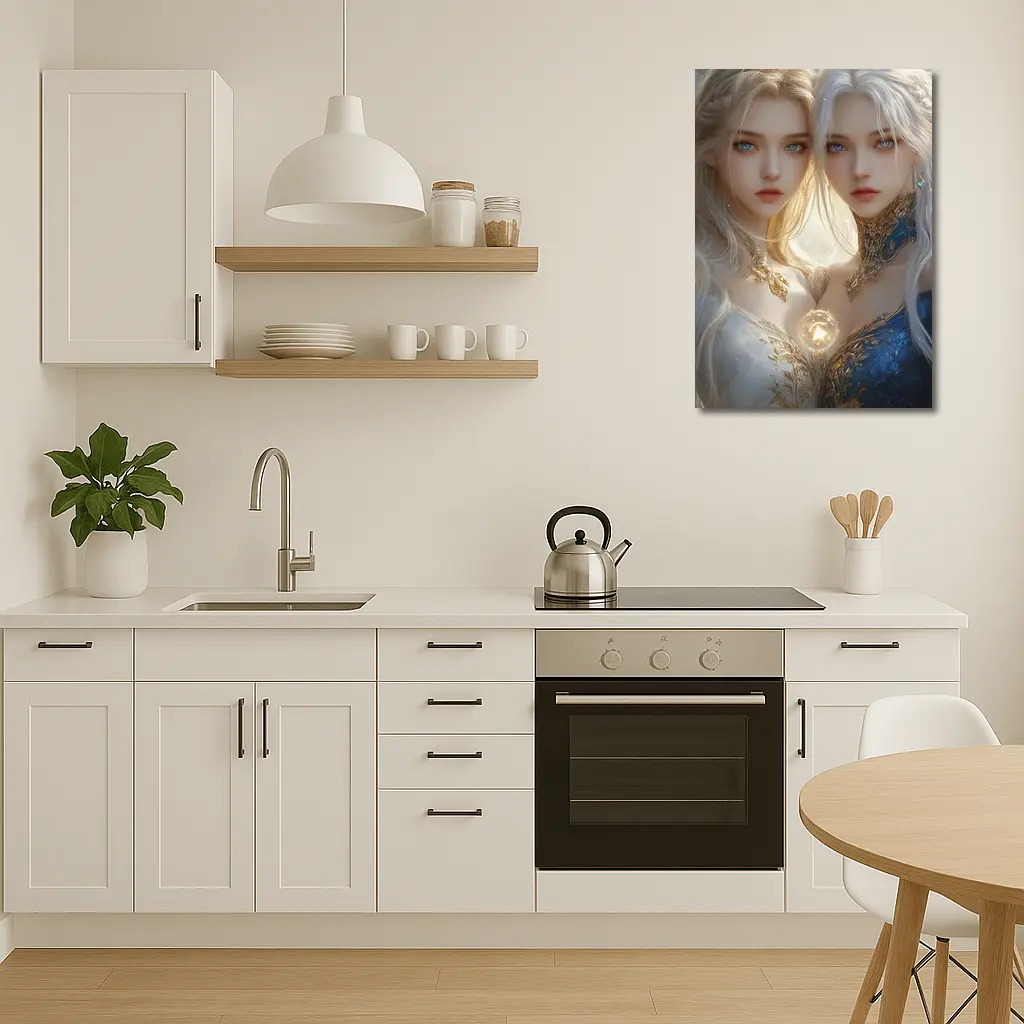 Twin Fantasy Girls Gold Blue Ethereal Art – Wall Art