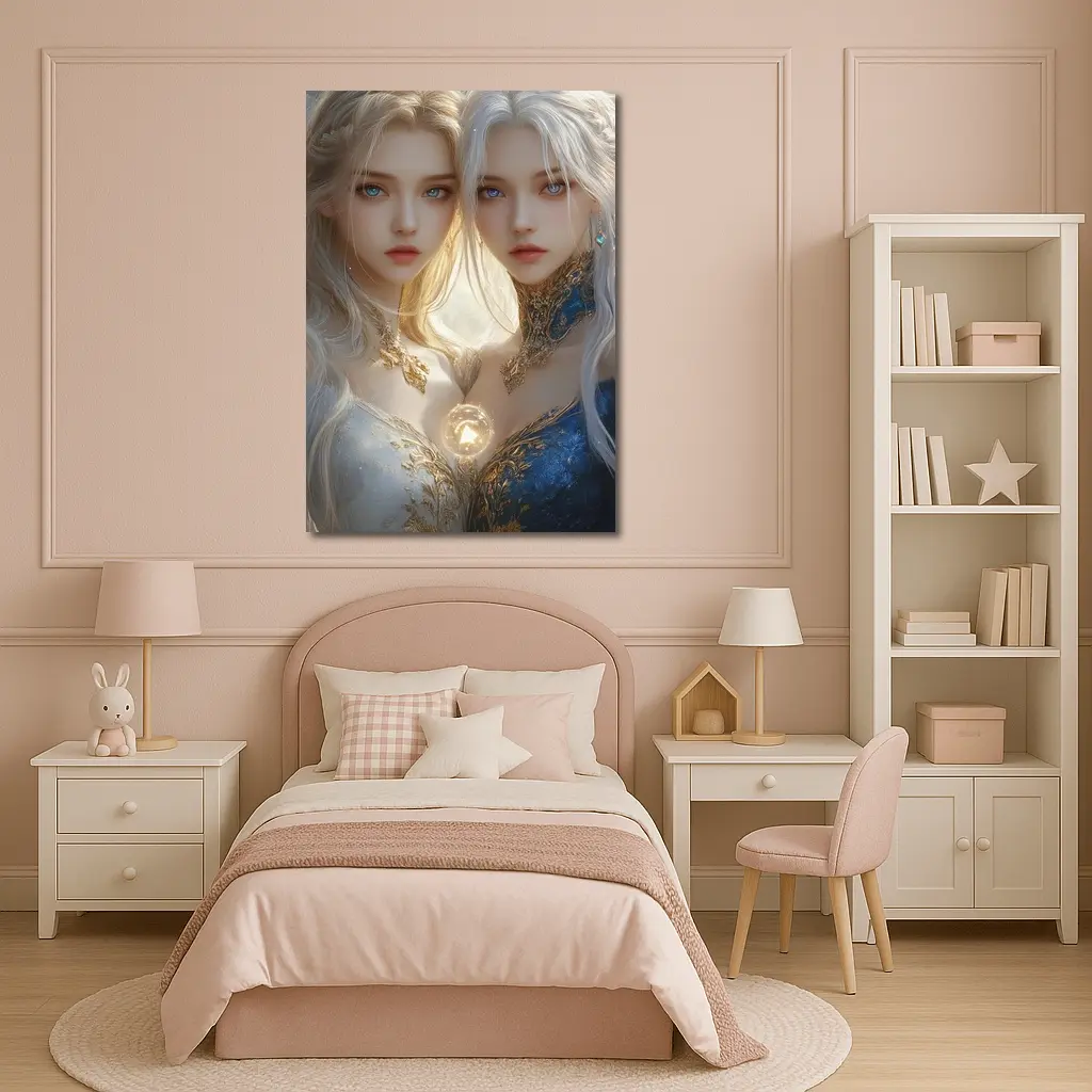 Twin Fantasy Girls Gold Blue Ethereal Art – Wall Art