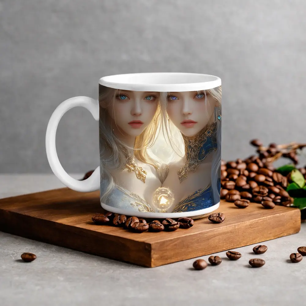 Twin Fantasy Girls Gold Blue Ethereal Art – Mugs
