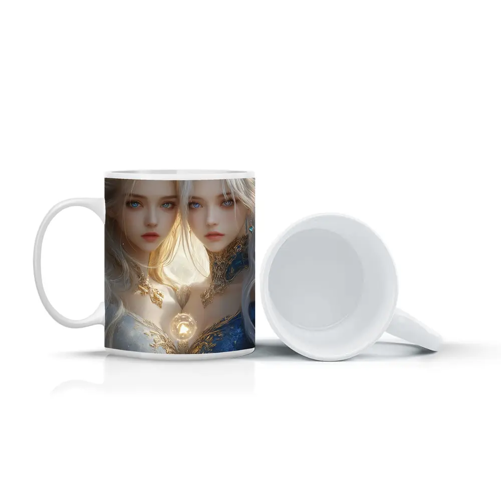 Twin Fantasy Girls Gold Blue Ethereal Art – Mugs