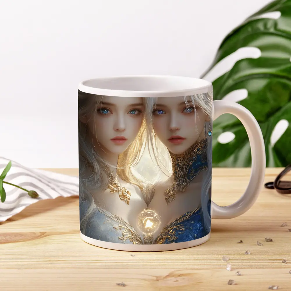 Twin Fantasy Girls Gold Blue Ethereal Art – Mugs