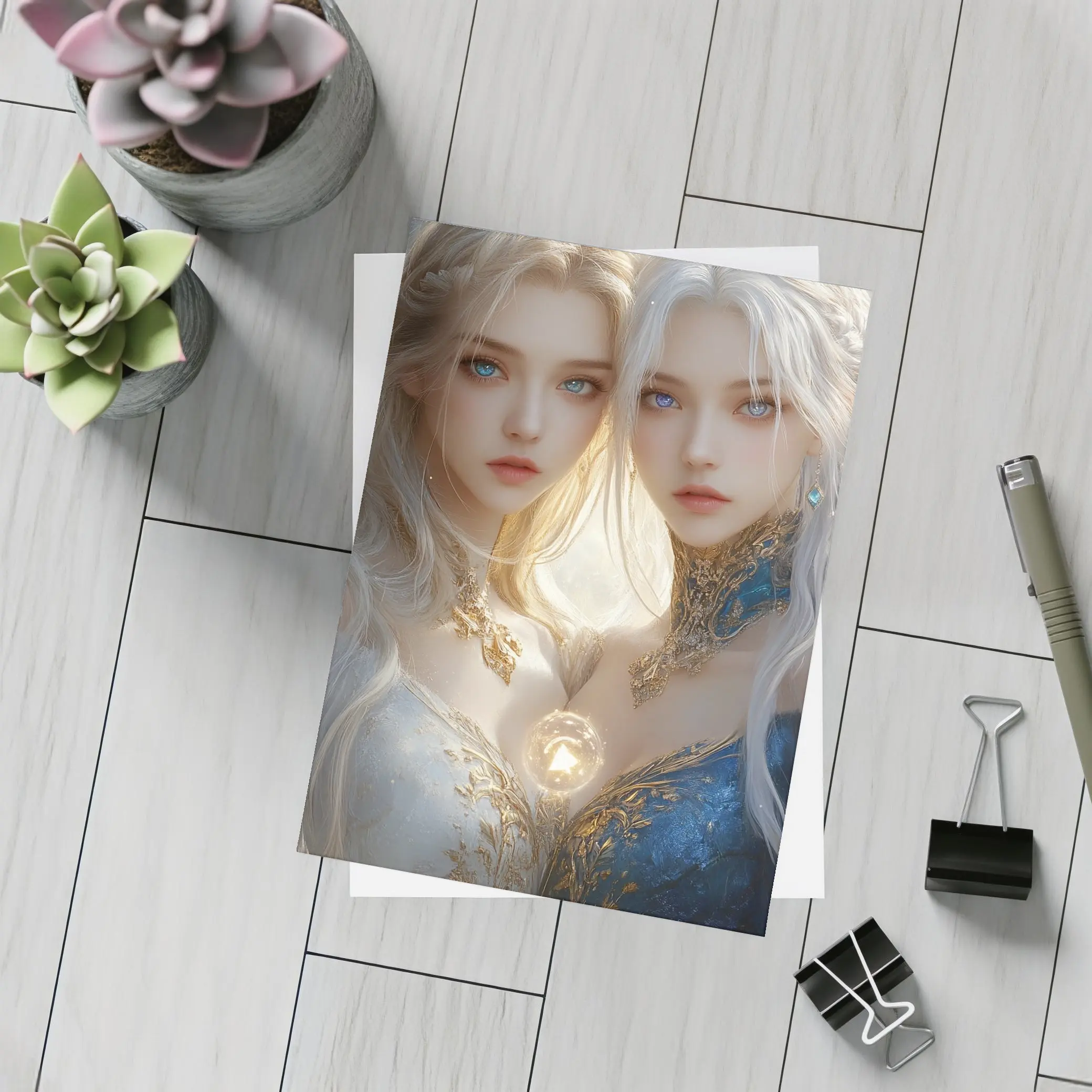 Twin Fantasy Girls Gold Blue Ethereal Art – Postcards