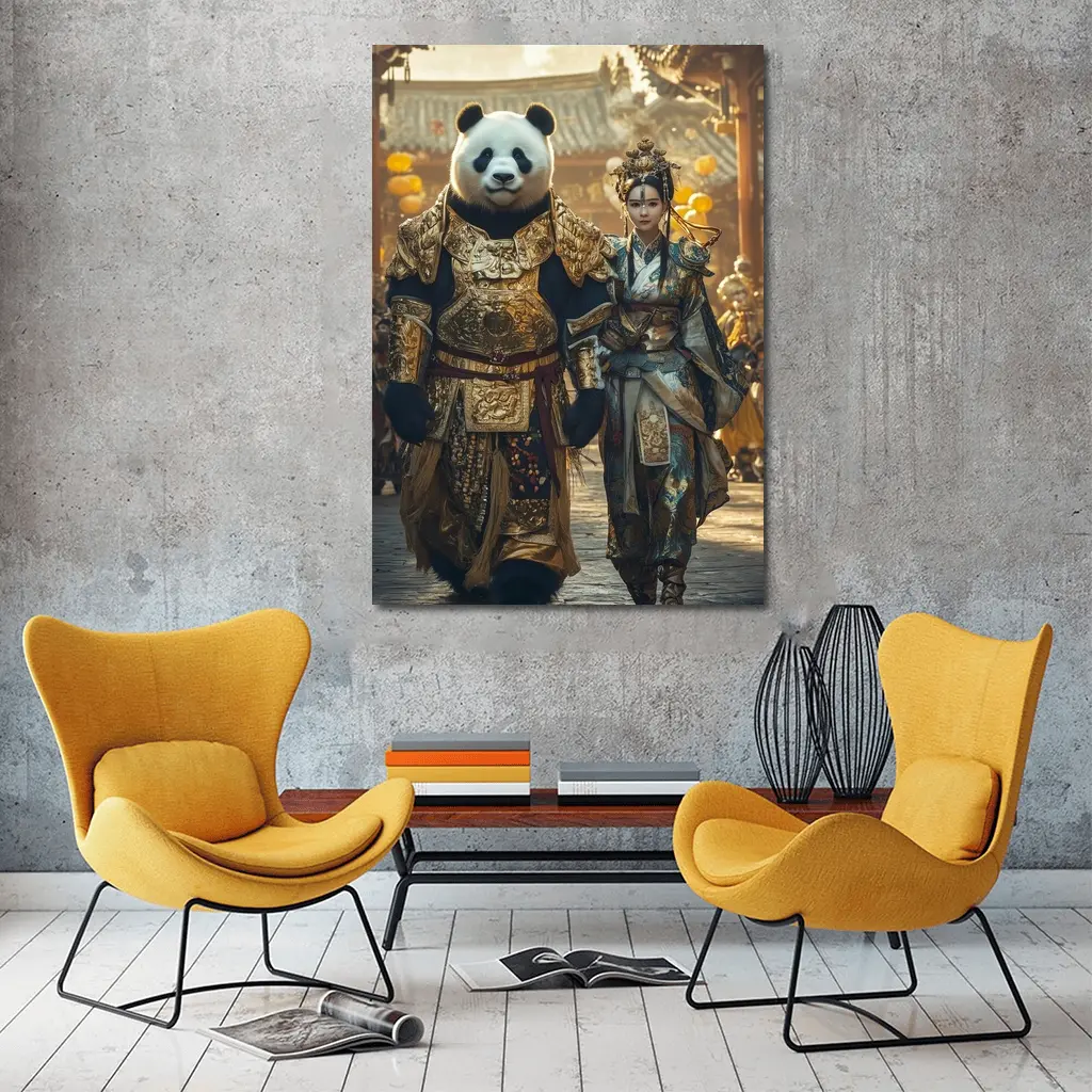 Panda Warrior and Woman Ancient Chinese Temple – Wall Art