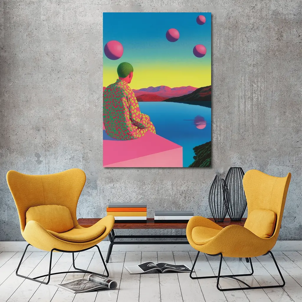 Surreal Figure Sitting By Psychedelic Lake – Wall Art