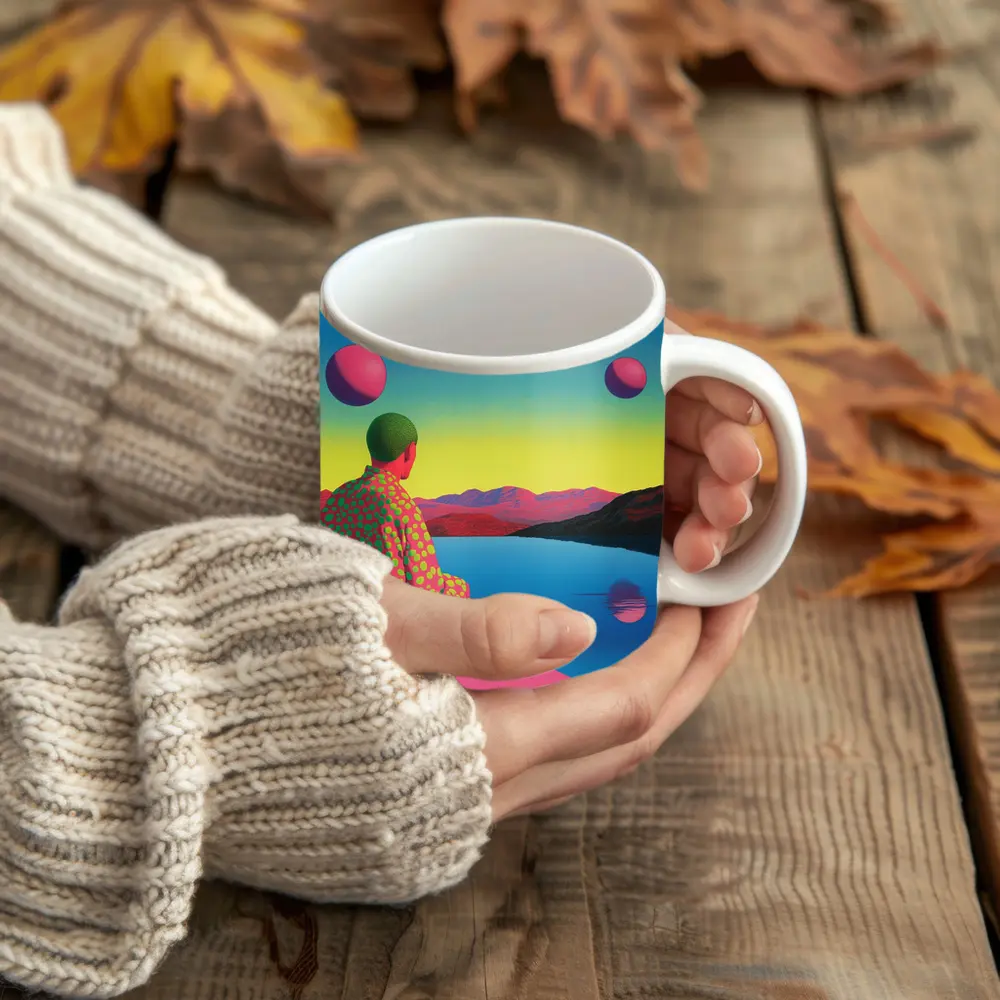 Surreal Figure Sitting By Psychedelic Lake – Mugs