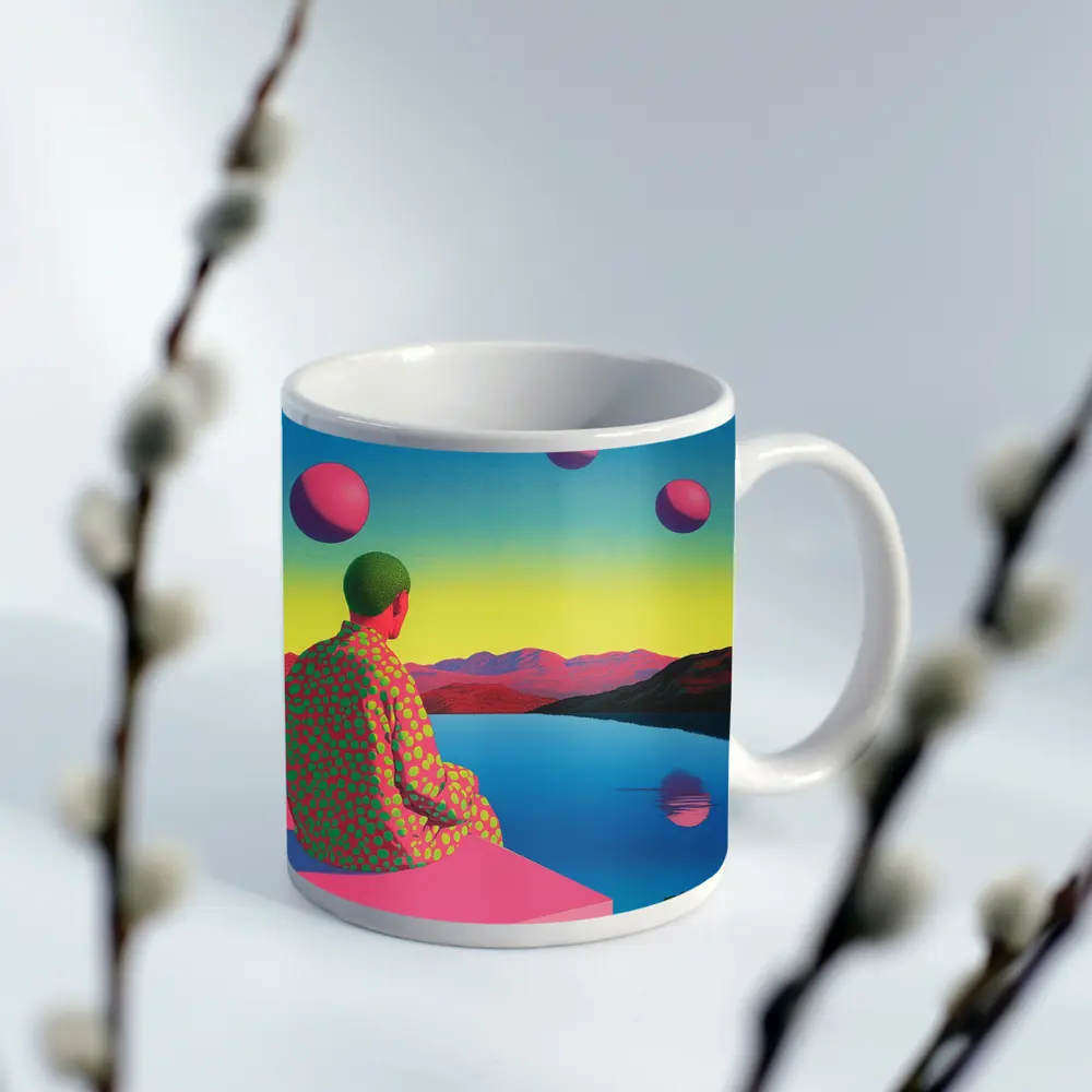 Surreal Figure Sitting By Psychedelic Lake – Mugs