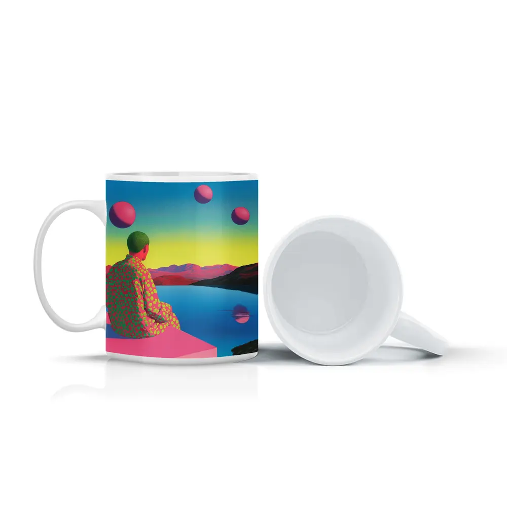 Surreal Figure Sitting By Psychedelic Lake – Mugs