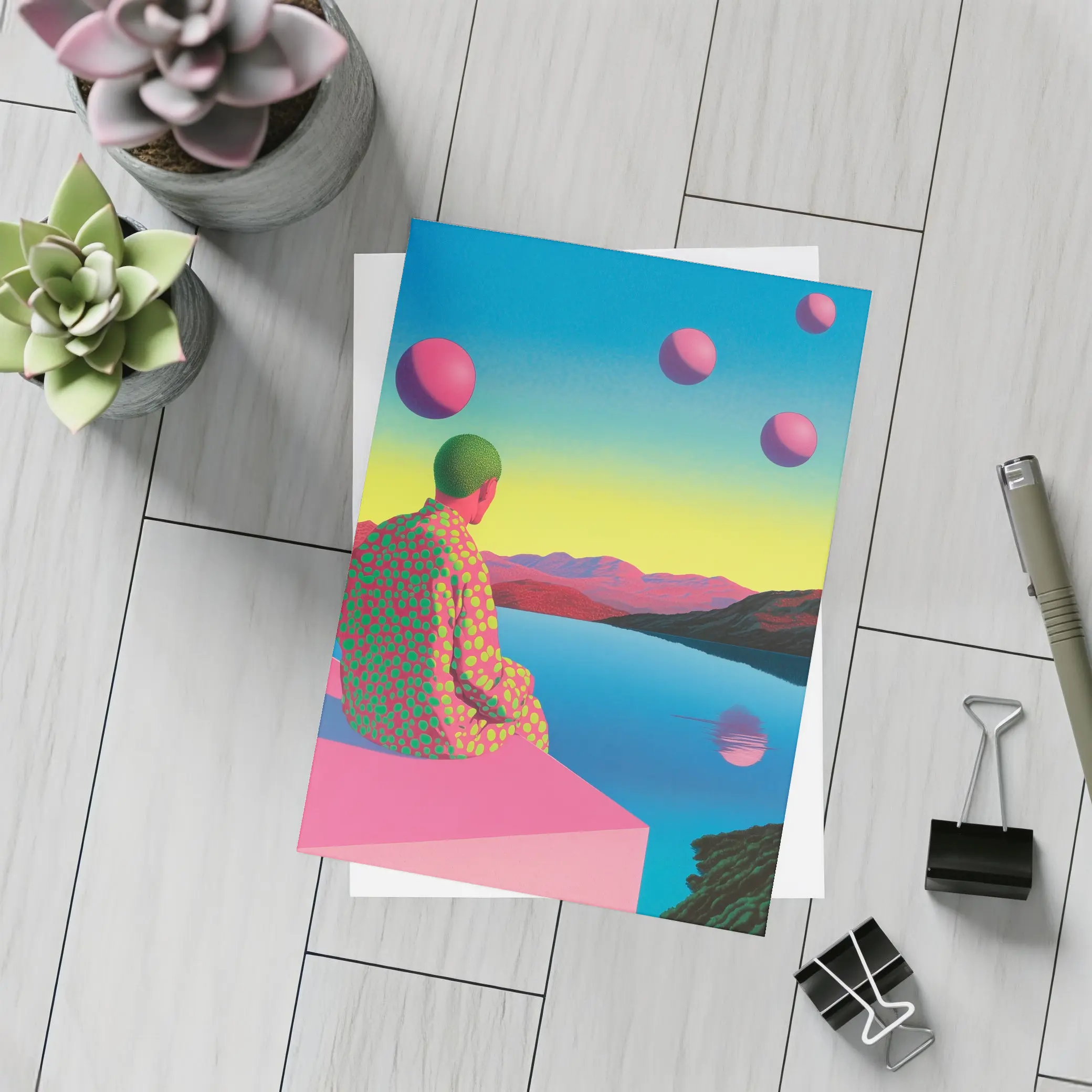 Surreal Figure Sitting By Psychedelic Lake – Postcards